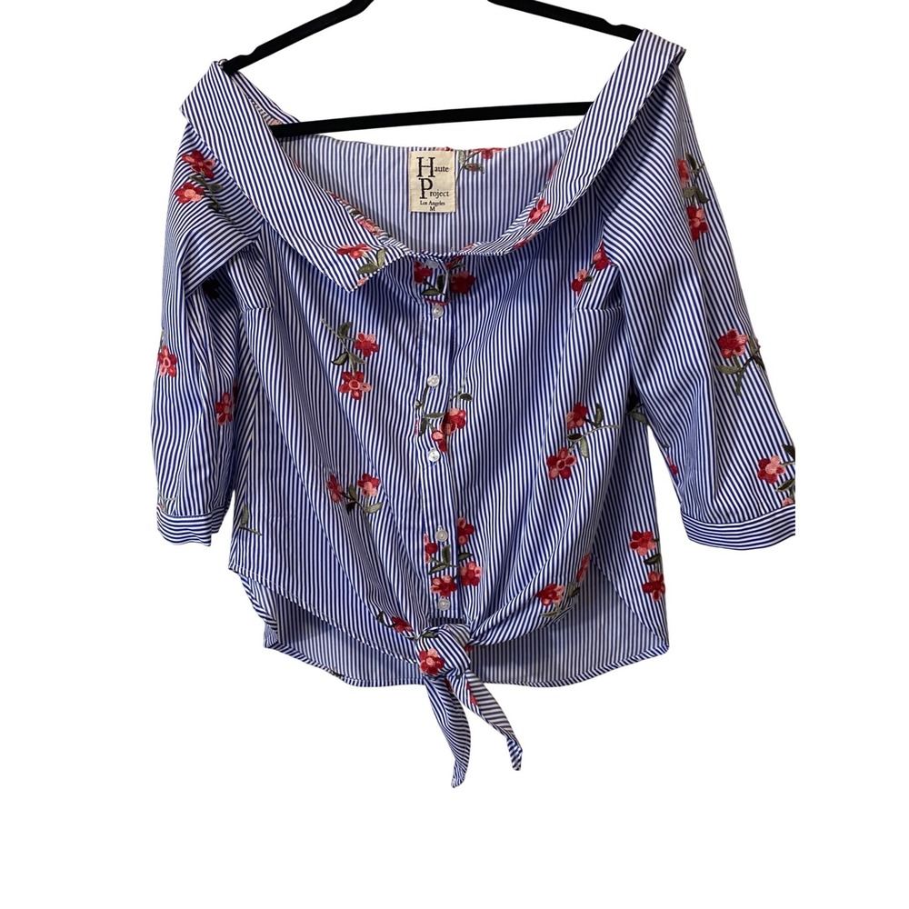Haute Project LA Blue Stripe Floral Embroidered Tie Front Off Shoulder Top M - Picture 2 of 16